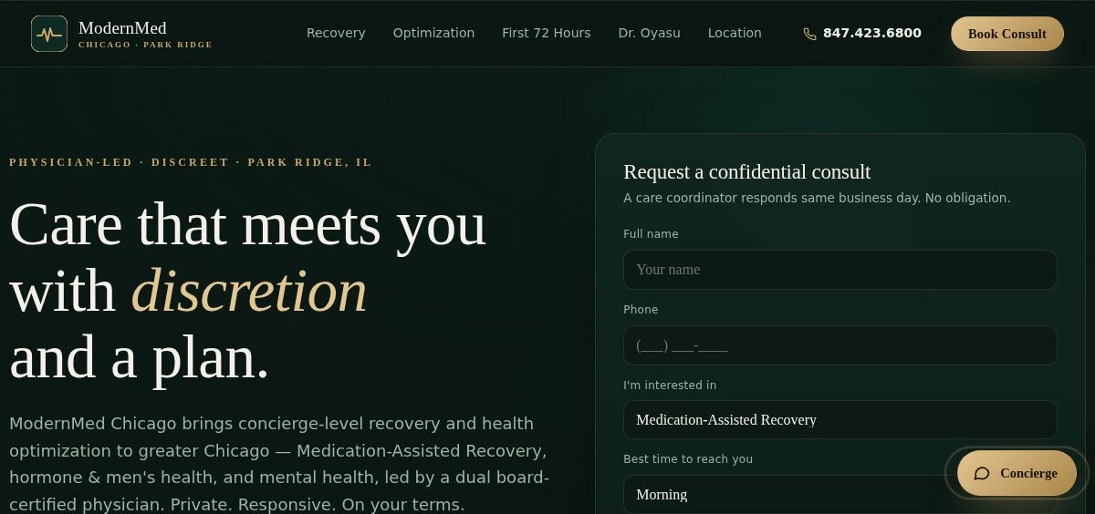ModernMed Chicago — concierge medical clinic website designed by Kudbee